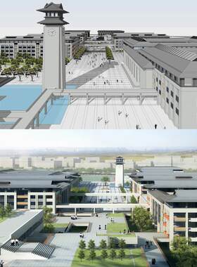 新中式汉唐风格高中大学学校教学楼建筑图书馆体育馆钟塔SU模型
