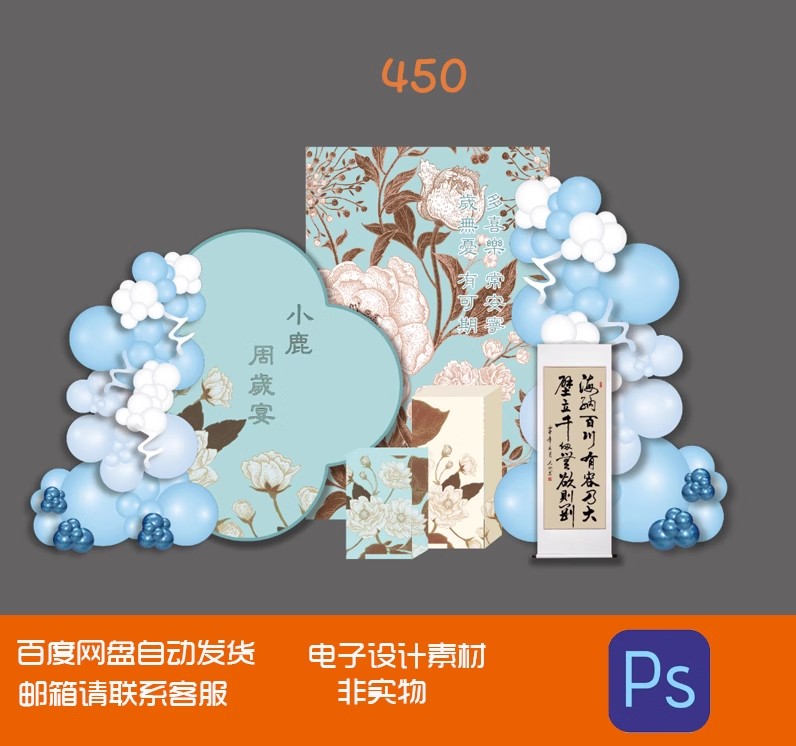 新中式蓝色花卉宝宝宴生日宴周岁礼派对背景设计素材非实物ps格式