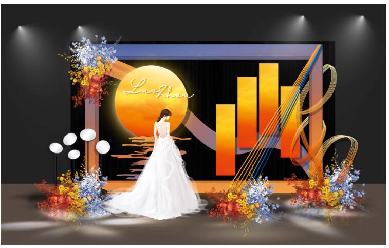 户外日落婚礼效果图 日落婚礼蓝橙撞色婚礼迎宾婚礼效果图psd分层