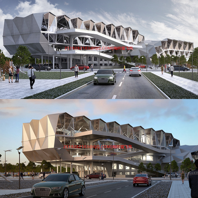 现代异形折面屋顶立体停车场停车楼底层架空钢架结构建筑su模型