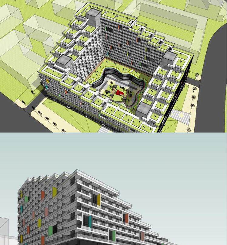 现代体块组合多层退台围合式人才青年公寓办公建筑草图大师su模型