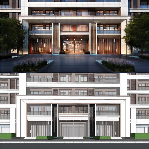 新亚洲新中式超高层住宅小区豪宅单元入户大门建筑草图大师SU模型