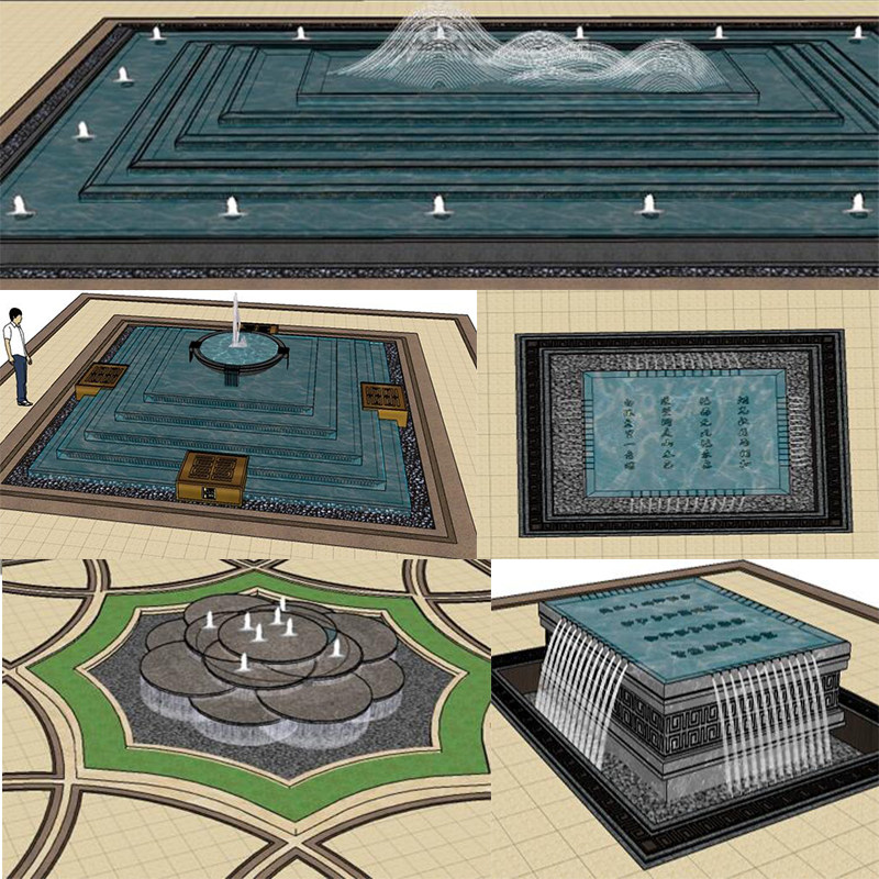 新中式新亚州会所住宅小区理水喷泉水景景观叠水草图大师SU模型库