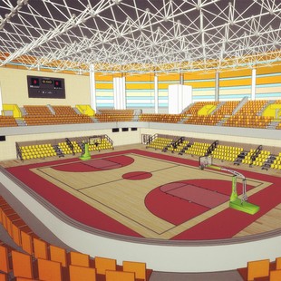 su素材体育场地运动馆篮球场观众台看台钢结构吊顶室内设计su模型