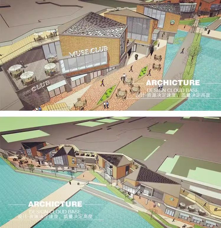 带状新亚州滨水会所商业街购物街步行街建筑设计草图大师SU模型