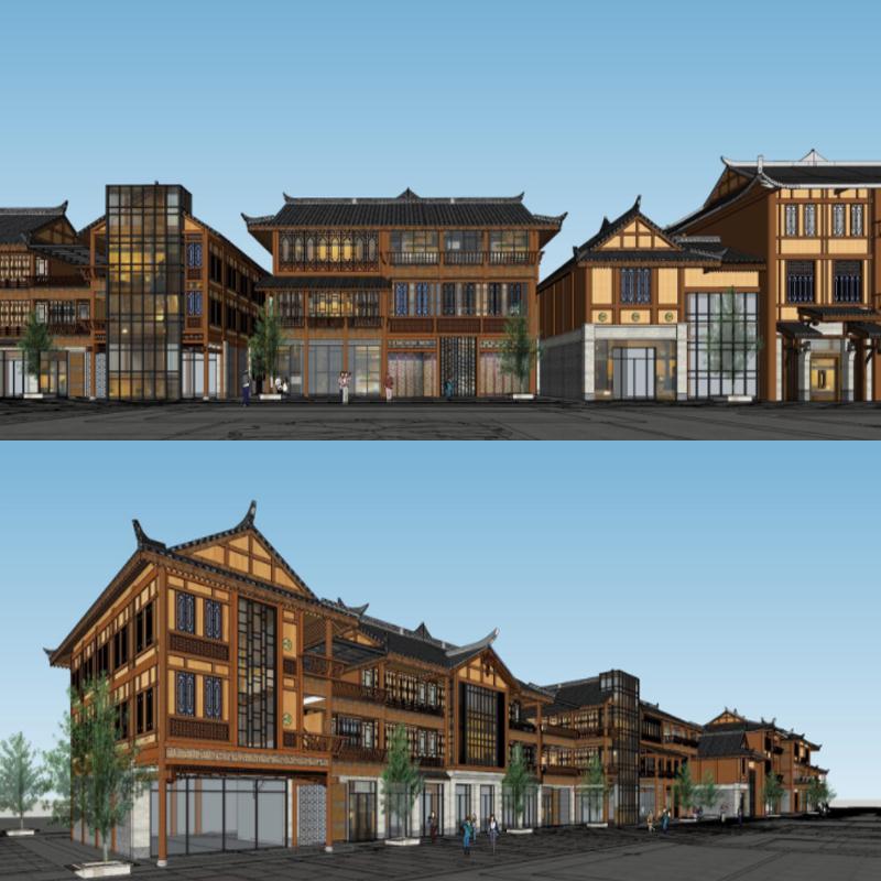 川西风情度假景区茶楼商业街游客中心木结构民宿仿古建筑SU模型