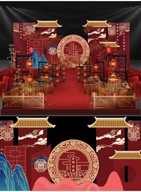 中式红色龙凤奢华传统复古婚礼背景效果图 KT板 PSD设计素材