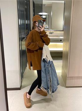 春不晚 磨毛抓绒T恤2024年秋冬女加厚中长款打底衫遮屁股上衣