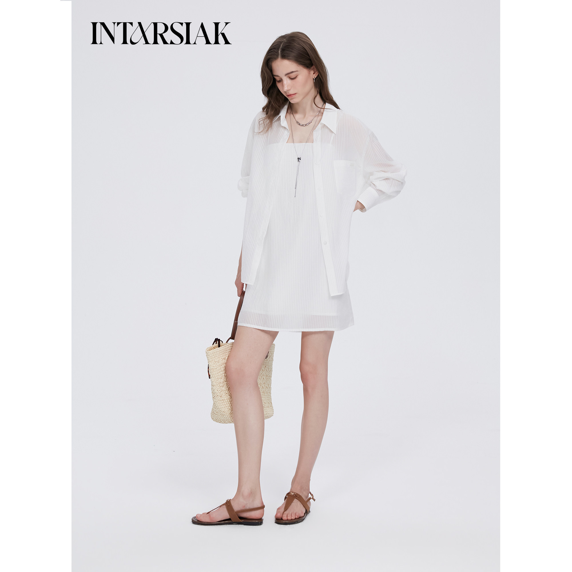 【INTARSIAK针织设计师品牌】汀线 薄透条纹衬衫连衣裙短裤套装女