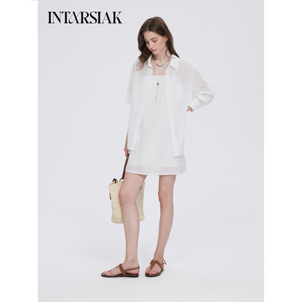 【INTARSIAK针织设计师品牌】汀线 薄透条纹衬衫连衣裙短裤套装女