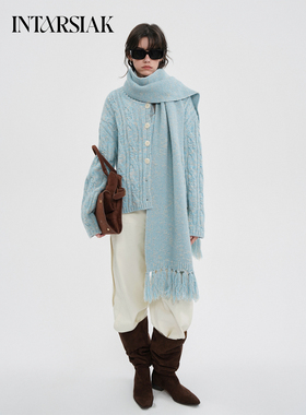 【INTARSIAK针织设计师品牌】捻歌 蓝色立体花纱流苏围巾大披肩