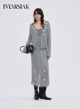 【INTARSIAK针织设计师品牌】雾绽立体手钩花银线开衫半裙套装