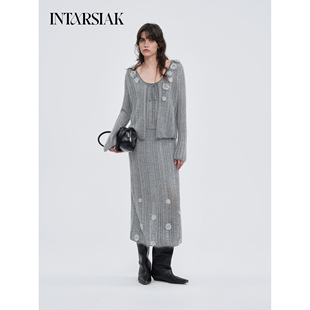 【INTARSIAK针织设计师品牌】雾绽立体手钩花银线开衫半裙套装