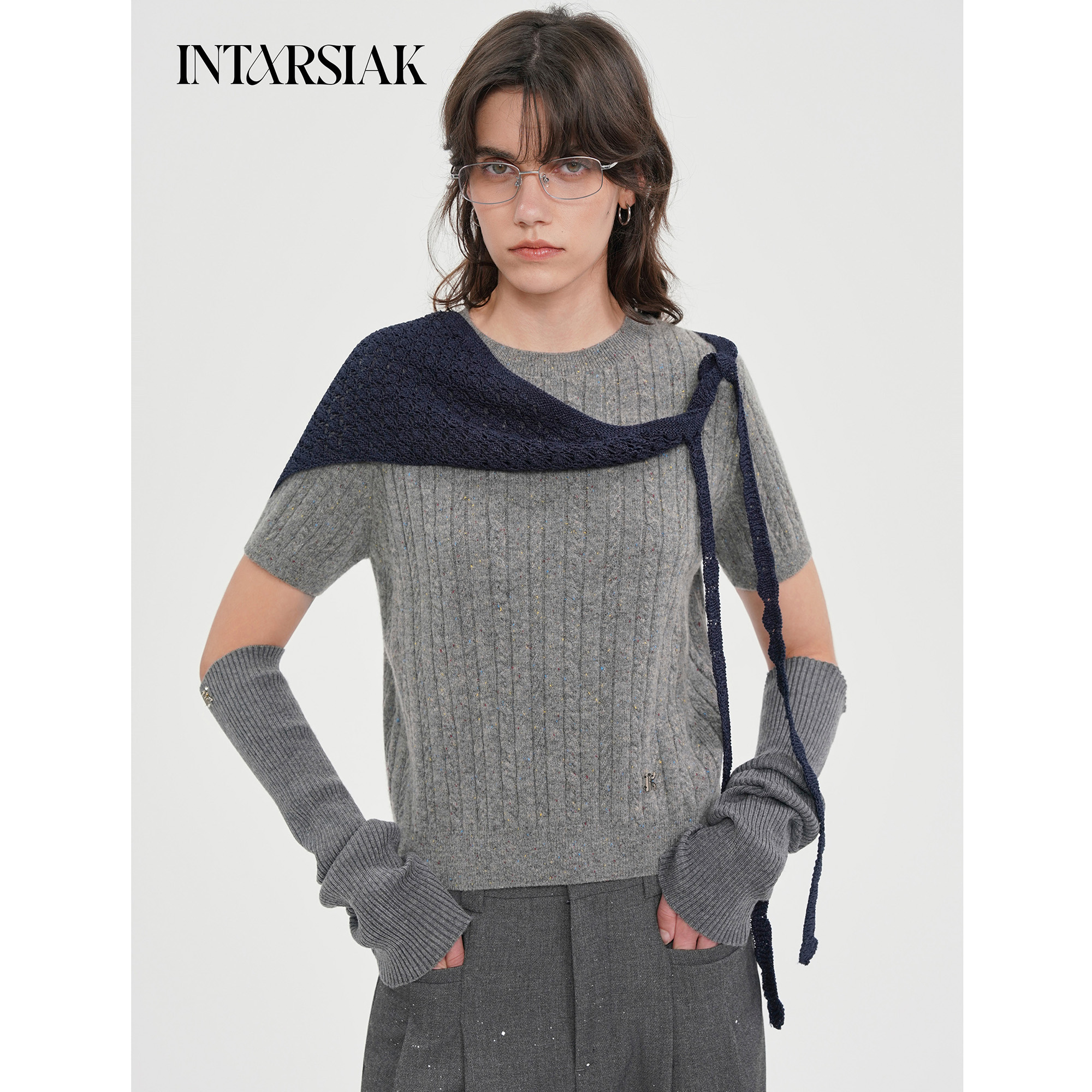 【INTARSIAK针织设计师品牌】絮星 彩点羊毛绞花开衫灰色针织T恤