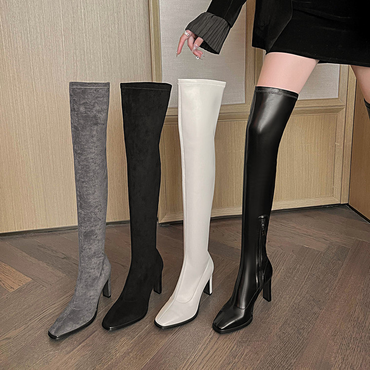 时尚方头黑色长筒过膝瘦瘦靴