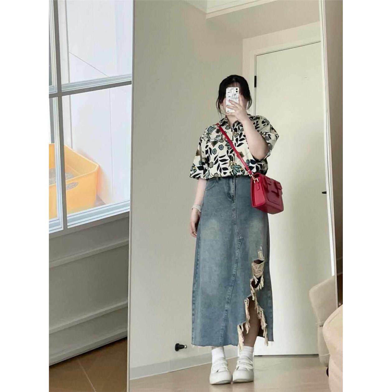 夏季新款2-300斤胖mm大尺码不规则牛仔半身裙女高腰遮肉显瘦a字裙