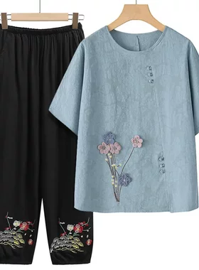 中老年女装短袖套装妈妈装上衣T恤刺绣棉麻老太太奶奶衣服6070岁