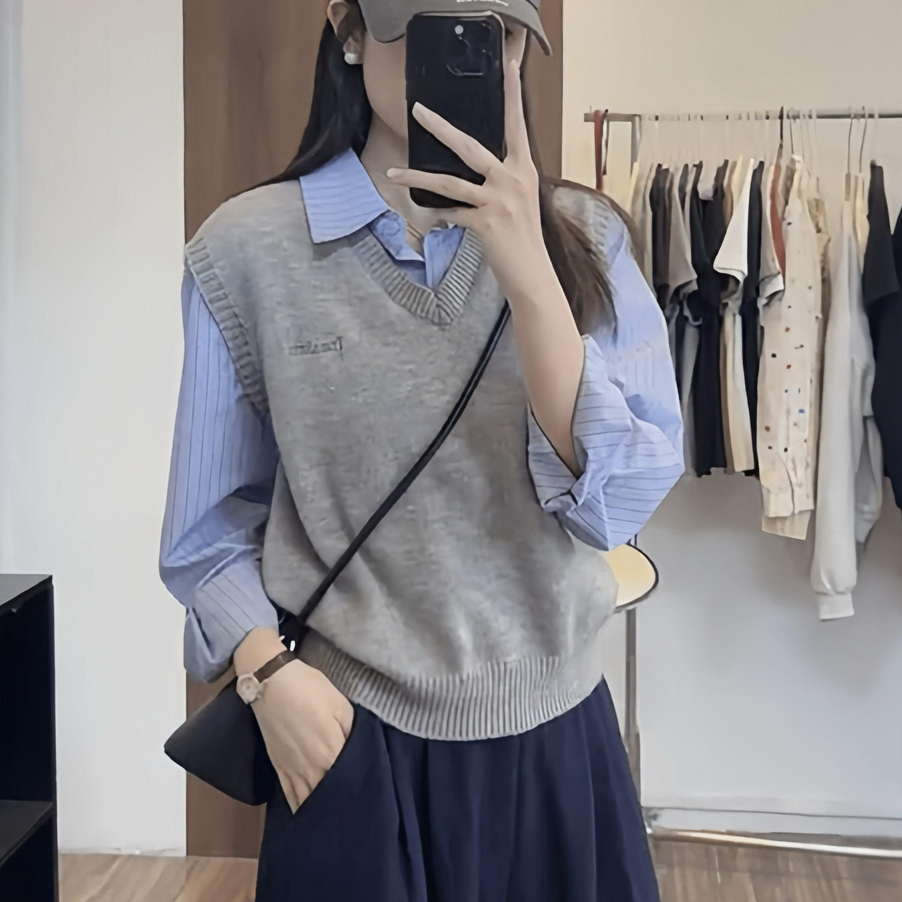 假两件针织背心衬衫上衣女秋季2025新款休闲学院风小个子衬衫外套