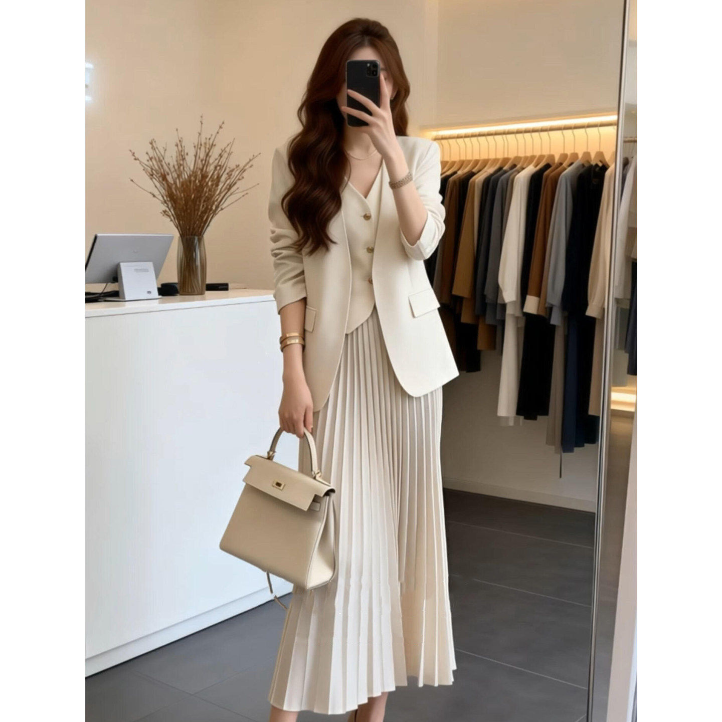 淡人高知穿搭一整套气质通勤淡人高知米白色西装马甲百褶裙套装女