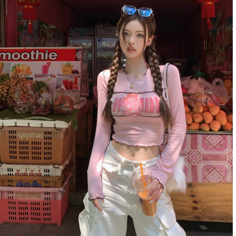 粉色辣妹上衣短款长袖早秋季新款小个子甜辣t恤女团爵士舞蹈服装