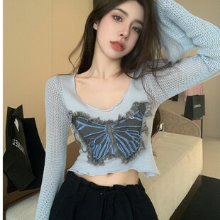 爵士跳舞服装女纯欲辣妹设计感牛仔贴布短款长袖镂空jazz上衣罩衫