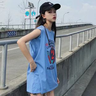 假两件无袖 体恤 上衣女中长款 宽松圆领坎肩背心T恤ins超火印花砍袖
