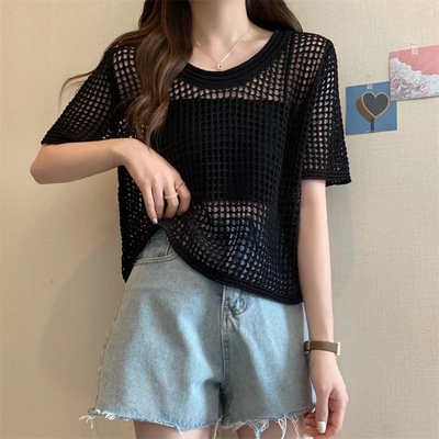 爵士舞罩衫微胖妹设计镂空针织衫短袖jazz跳舞上衣宽松