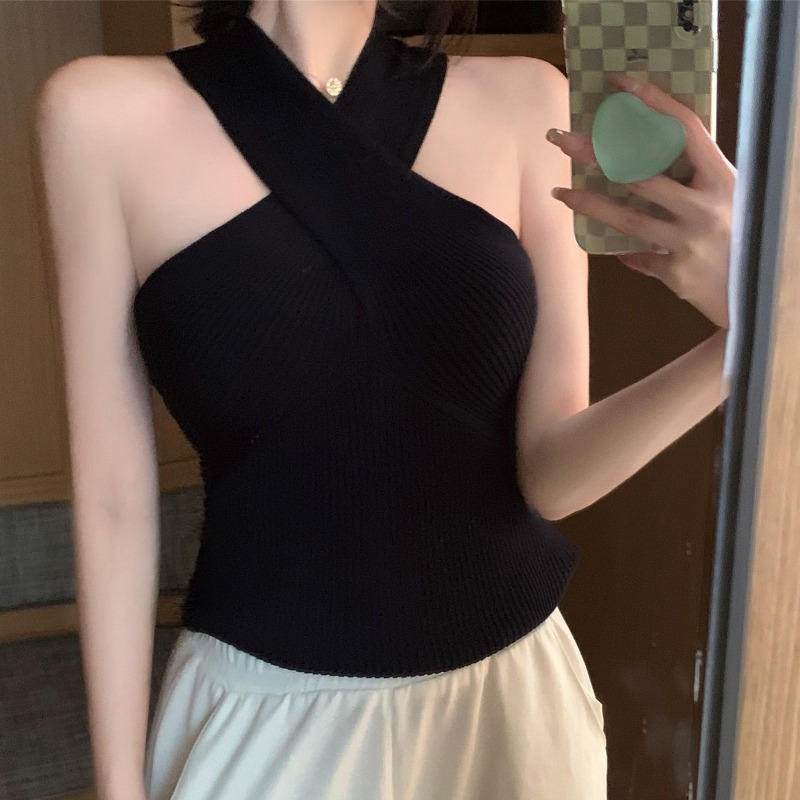 交叉挂脖针织背心女夏黑色性感纯欲辣妹吊带上衣小众别致短款小衫