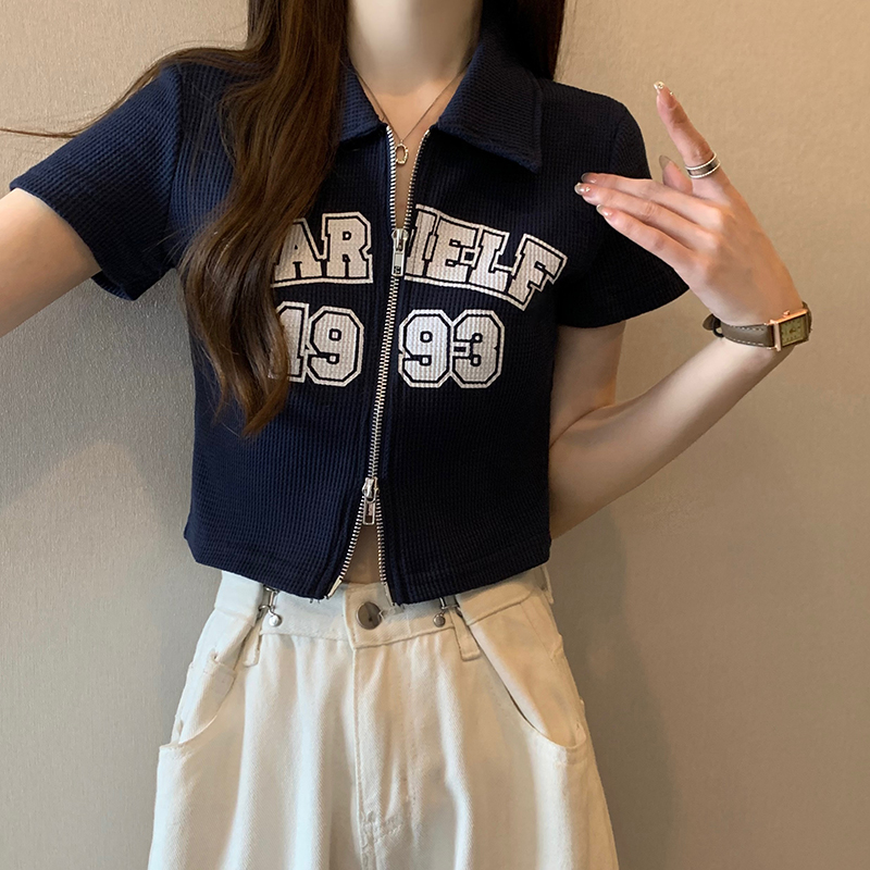 跳舞爵士舞上衣女短袖t恤拉链开衫潮新款翻领短款jazz演出衣服装