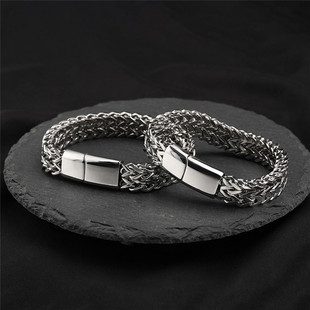 欧美双层宽版钛钢手链男霸气方形磁扣宽版龙骨手镯轻奢高级感配饰