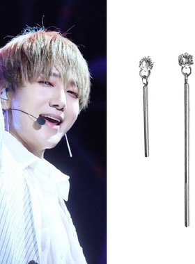 Super Junior金钟云同款长条耳钉男钛钢个性简约一字棍镶钻耳饰女