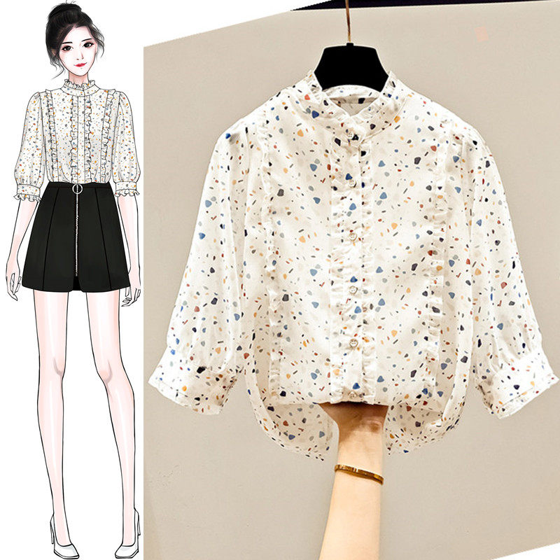 夏季2020年新款雪纺衬衫短袖碎花女装气质时尚收腰上衣服小衫洋气