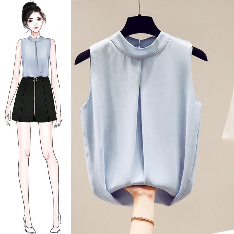 雪纺衬衫白短袖女装夏季2020年新款无袖气质上衣服时尚设计感小众