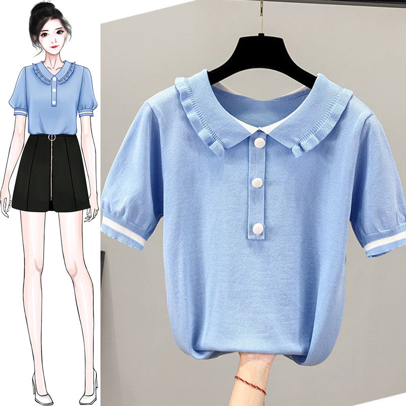 娃娃领韩版宽松夏季T恤女装上衣2020年新款冰丝针织衫薄女士短袖