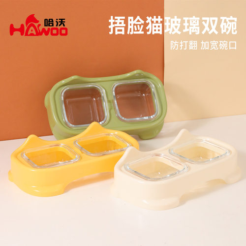 直供玻璃双碗防打翻狗碗狗狗食盆猫咪吃饭喝水一体猫碗