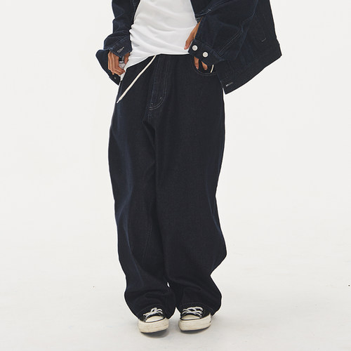 seeseao | 抽绳原色牛仔长裤男女同款宽松直筒舒适裤子通勤四季款