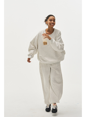 see sea o | 白灰薄绒套头卫衣 裤子两件套休闲运动套装秋冬穿搭