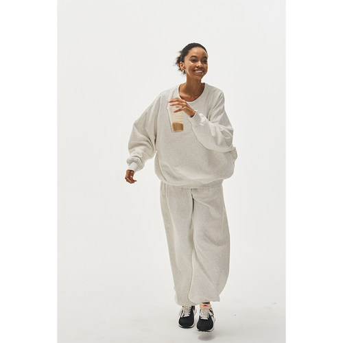 see sea o | 白灰薄绒套头卫衣 裤子两件套休闲运动套装秋冬穿搭