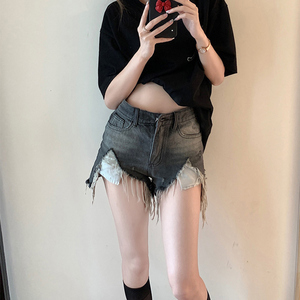 辣妹牛仔短裤女2023年新款胖mm大码高腰显瘦a字毛边破洞超短热裤