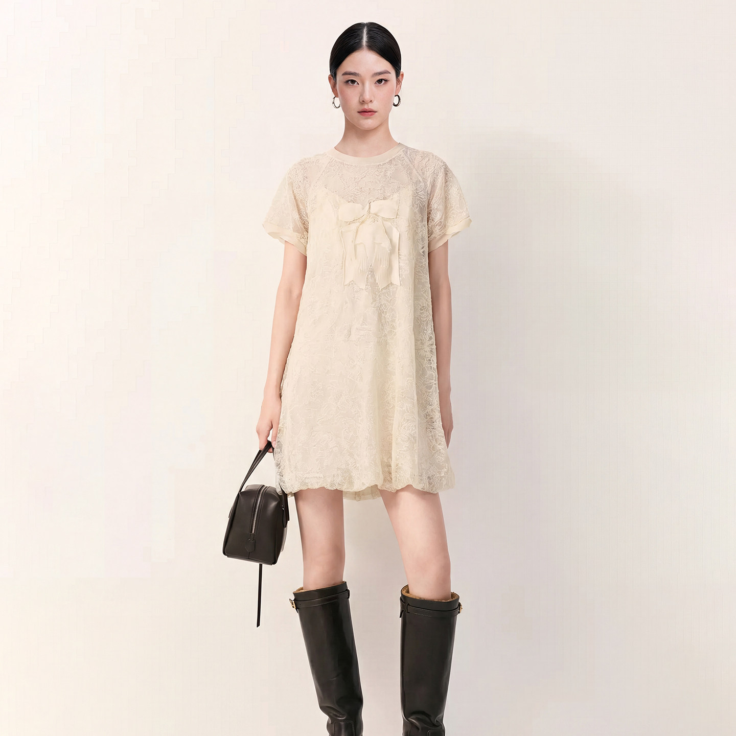 SDEFECR/法式蕾丝连衣裙女2026年秋季新款蝴蝶结装饰短袖A字短裙
