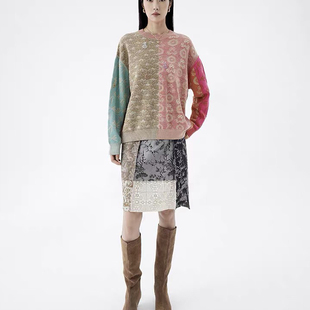 商场同款2026春拼色提花圆领针织衫女宽松套头毛衣撞色拼接上衣