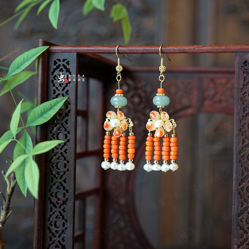 古法琉璃柿子红旗袍珍珠耳环