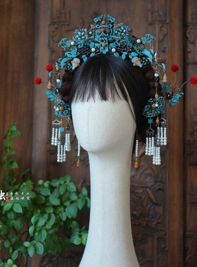 虫子家 仿清代发簪傩戏点翠绿色 国风清汉女小冠新娘马面裙2897