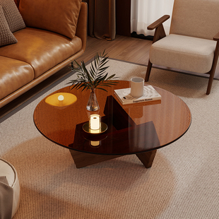 中古风家用玻璃茶几实木客厅茶桌圆形茶几侘寂创意小圆桌矮几轻奢