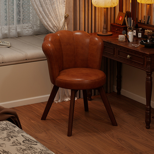 中古风实木梳妆凳可旋转化妆椅复古软包靠背椅轻奢衣帽间凳花瓣椅