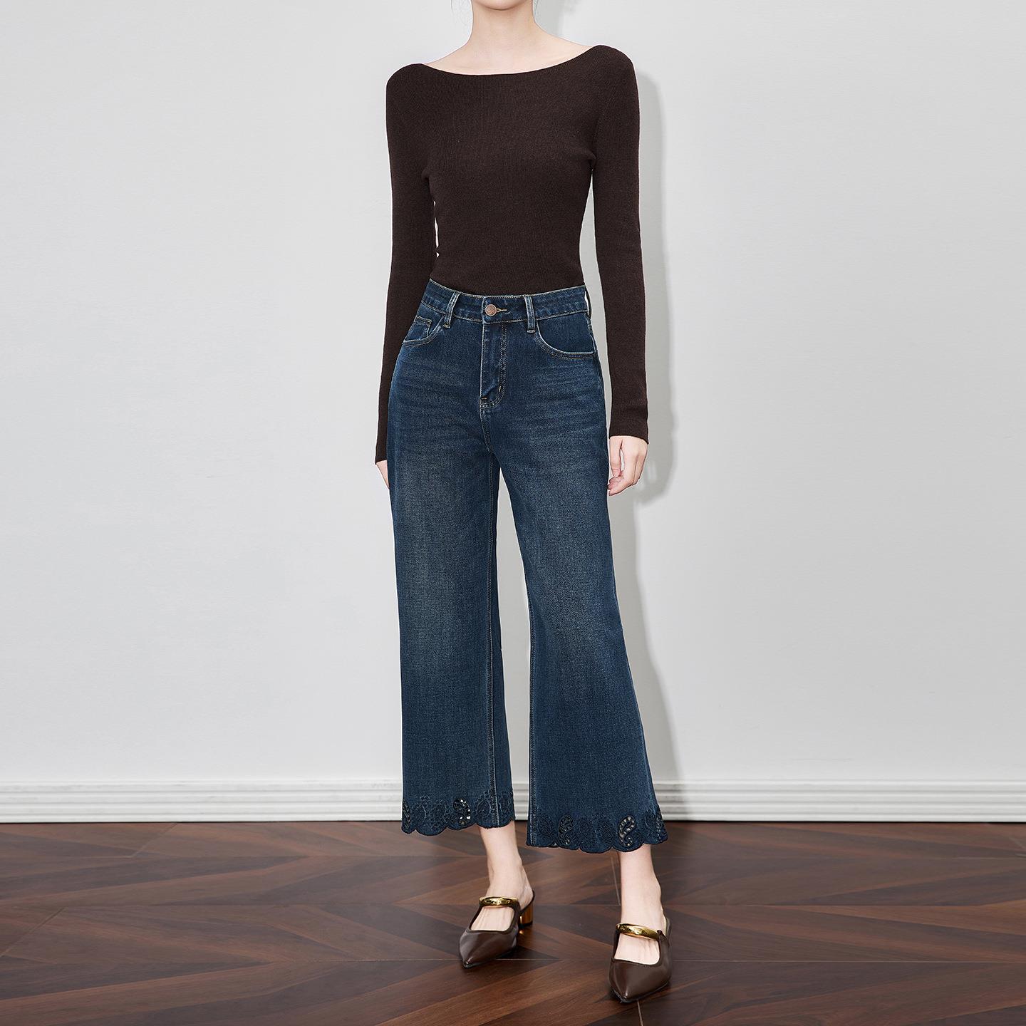 重工高品质裤脚刺绣镂空花边四面弹直筒九分牛仔裤女女款秋冬