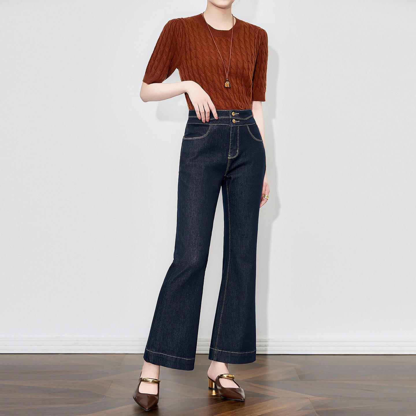 设计感竹节天丝牛仔波浪明线高腰两粒扣微喇牛仔裤女早秋女款秋冬