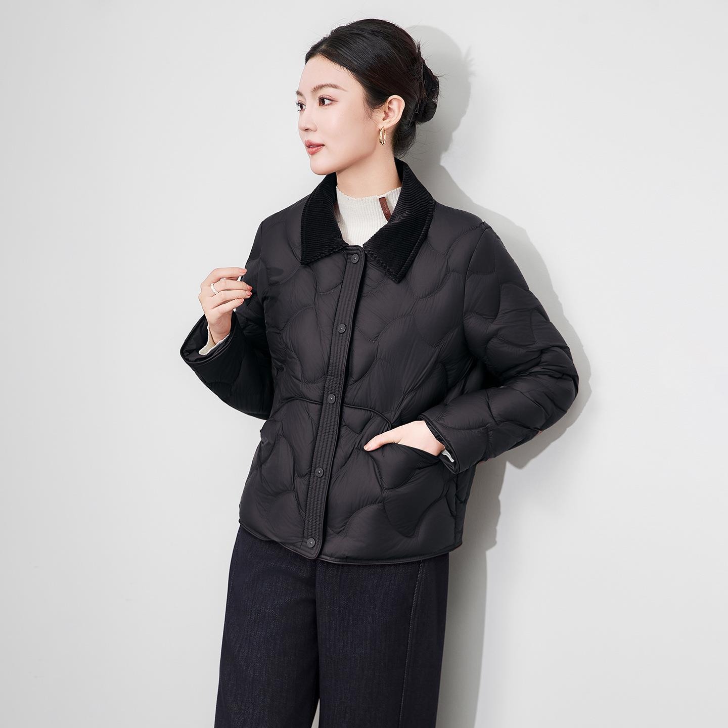 巨好看的冬装外套厚撞料拼接翻领优雅通勤白鸭绒短款羽绒服防风保