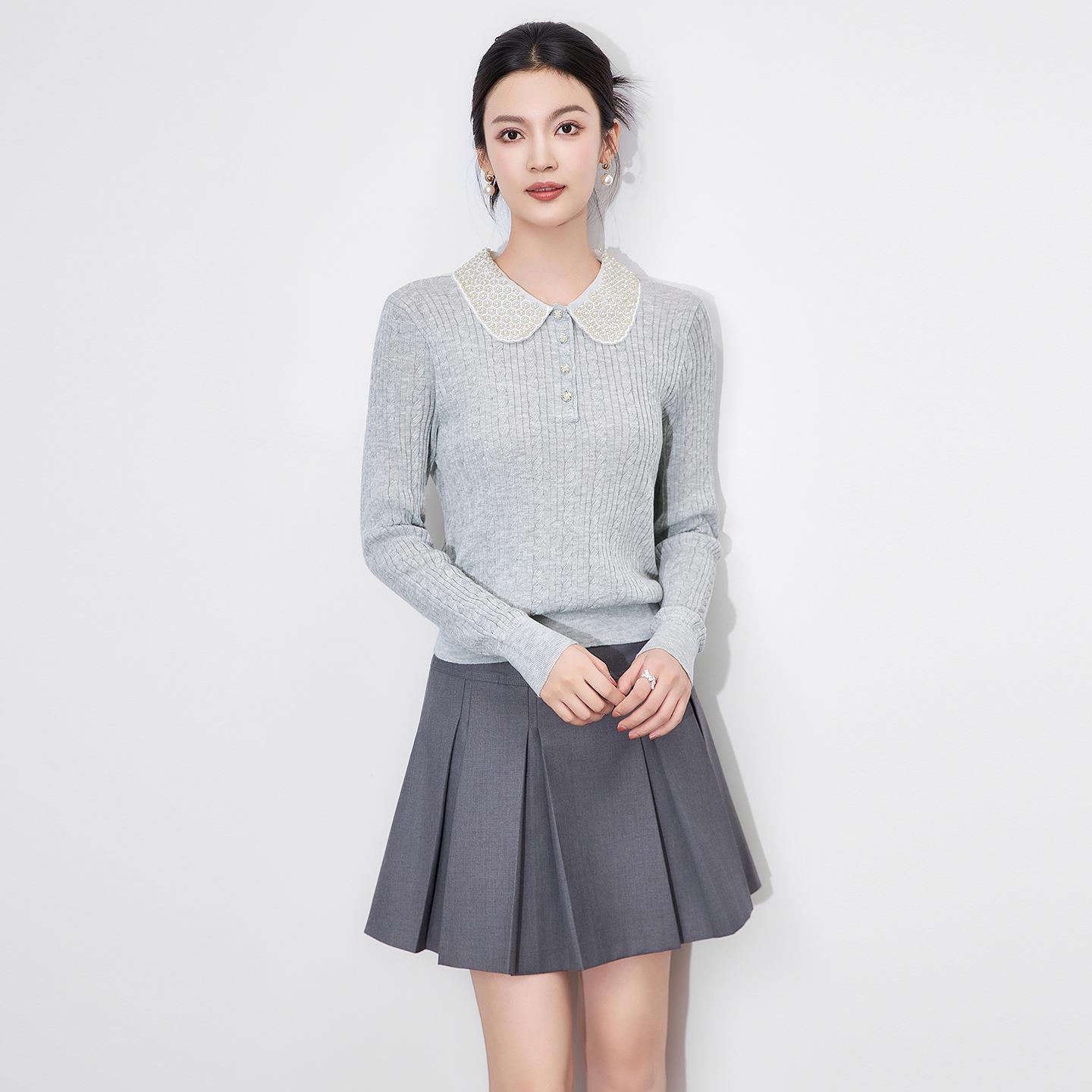 2025新款高品质绞花羊毛混纺针织娃娃领手工钉珠长袖针织衫女秋款