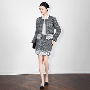 超好看冬裙套装加厚羊毛混纺毛圈呢蕾丝拼接短款小香风外套+半身